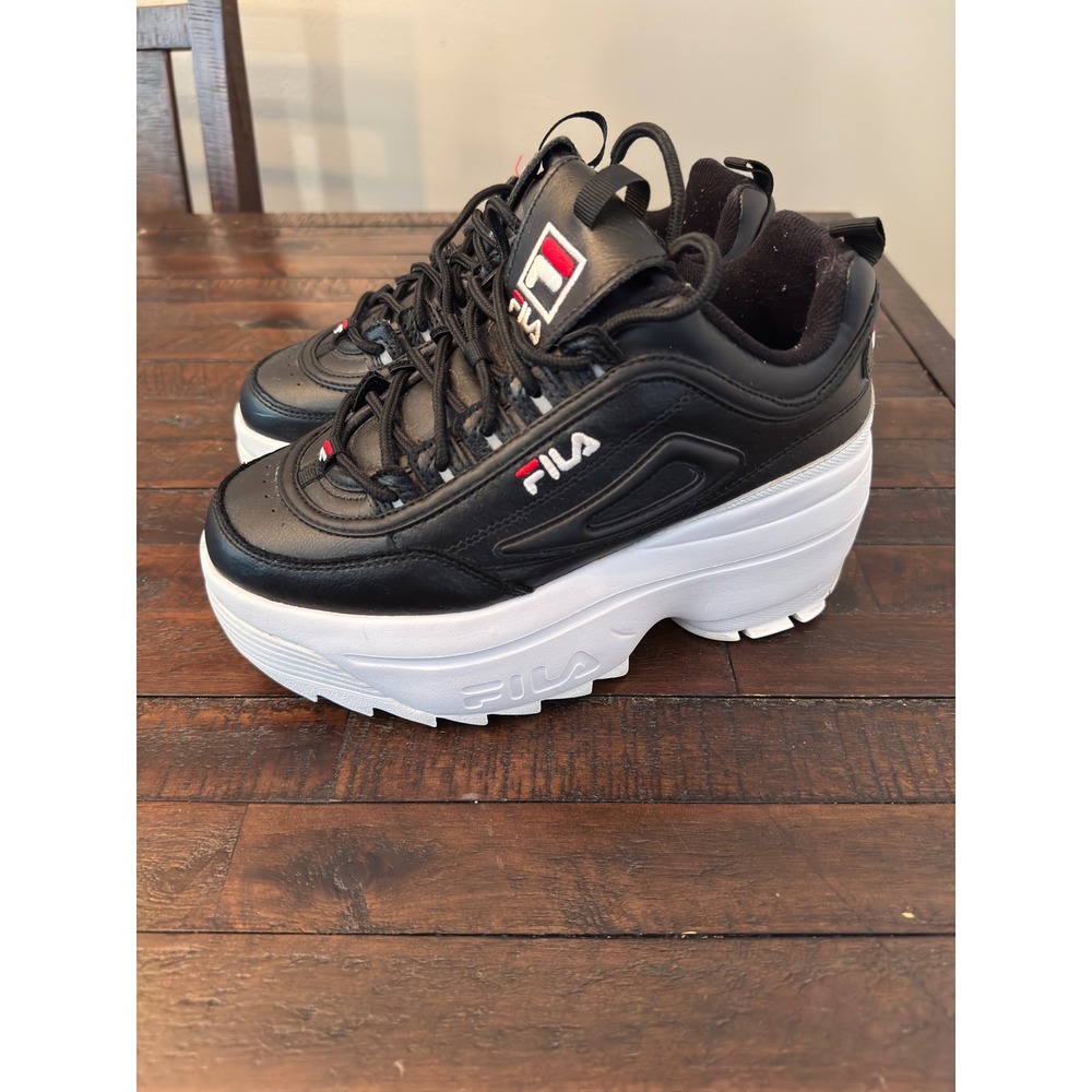 Fila Disruptor II Wedge Black White Platform Sneakers 5FM00704-014 Women's 7.5
